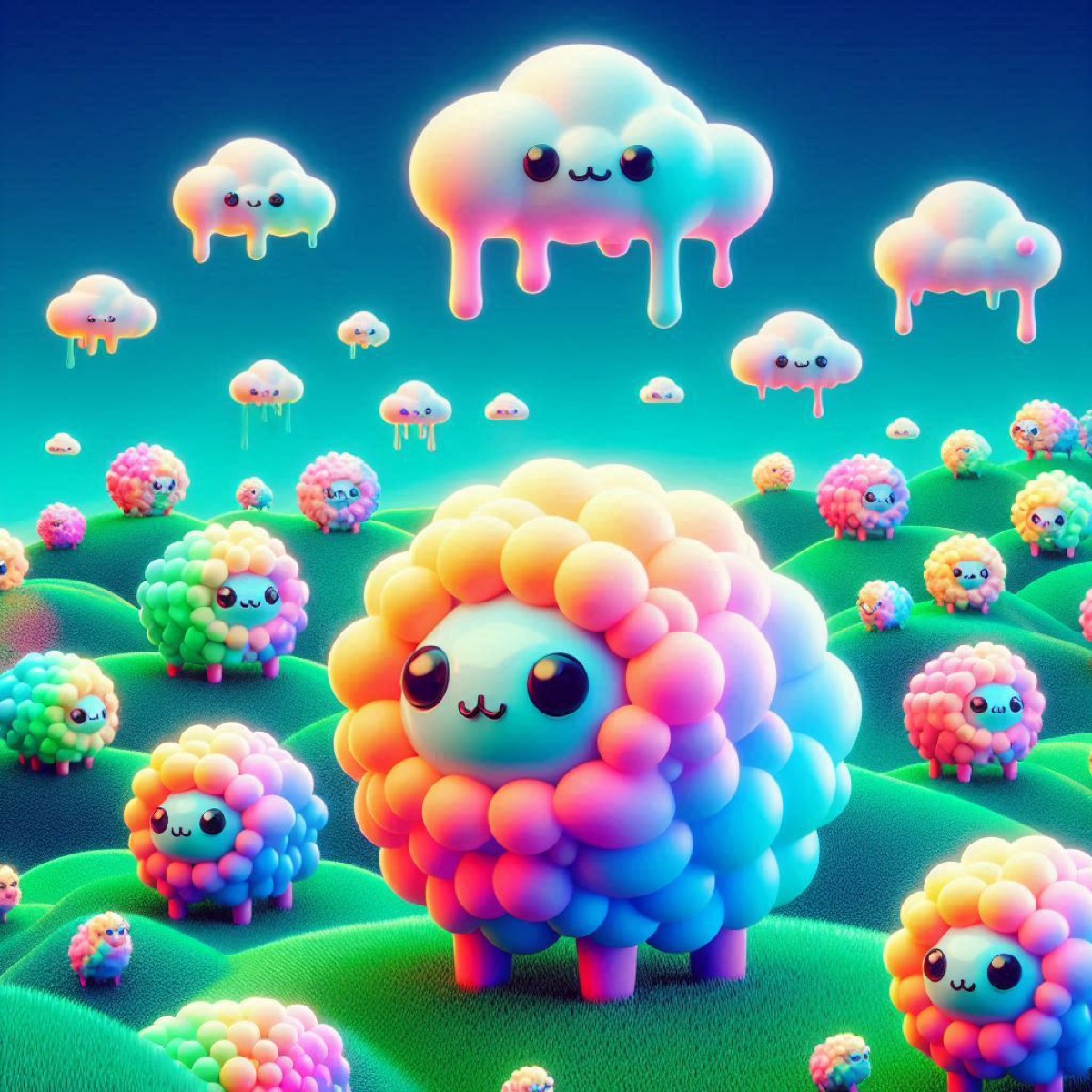 The odd one out — a rainbow sheep among the pastel flock